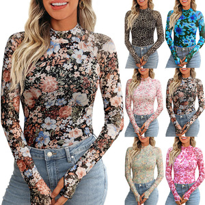 Nueva Camiseta de Manga Larga con Cuello Medio Alto para Mujer, Top Casual Sexy con Estampado de Malla para Mujer - Product Image 5