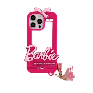 可爱女性粉色芭比化妆镜手机外壳适用于iPhone 14 13 12 11 Pro Max软硅胶保护套