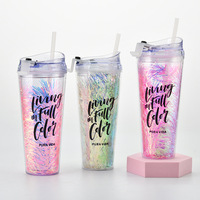 650ml 이중벽 투명 스노우볼 텀블러 PC 아크릴 DIY 컵 뚜껑 빨대 식품 등급 진공 단열 오피스 컵 파티 행사용