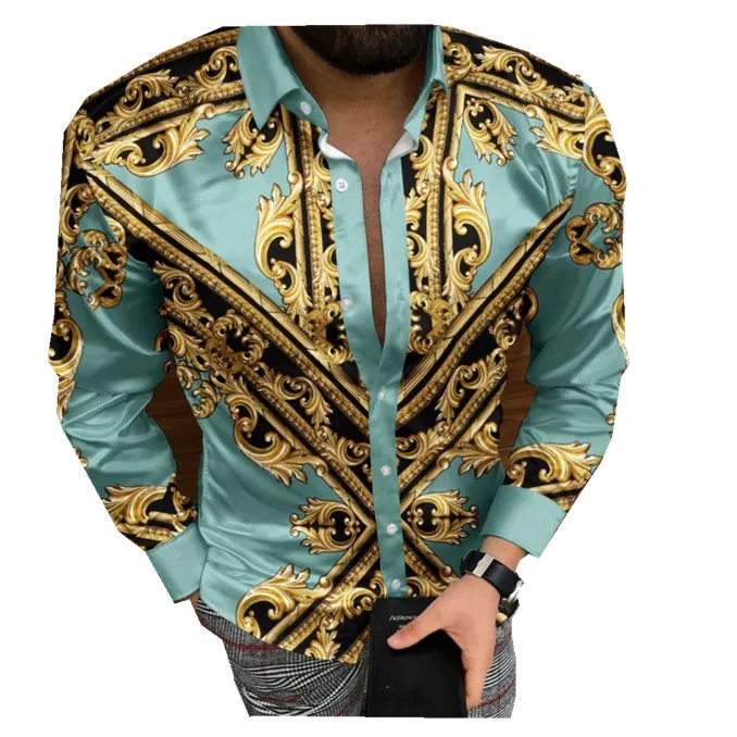 Camisas estampadas de lujo para hombre, nuevo diseño, blusa con cuello vuelto a la moda, camiseta de manga larga de talla grande para hombre, camisa con estampado 3D de manga larga