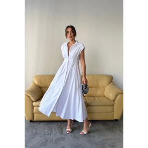 Vestido blanco sin mangas de popelina con botones frontales y detalle de pliegues en la cintura, largo midi informal, talla S - Product Image 6