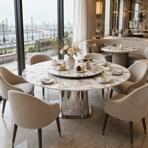 Table à manger personnalisée en marbre gris panda, plateau rond, style moderne, 6 places, pieds en métal, meubles en pierre - Product Image 1