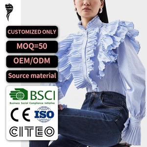 New Casual Woven Breathable Button Front Stripe Women'<b>s</b> <b>Blouse</b> Long Sleeve Slimming Shaping Waistline OEM - Product Image 1