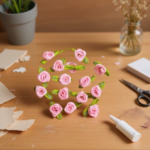 Fiori in Tessuto Ilan 1,5cm Rosa con Foglie Verdi 15pz per Decorazioni e Artigianato - Product Image 3