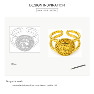 Vintage Gold Plated Cocktail <b>Ring</b> With Round Relief Medallion Double Rail Design Unisex Fashion Jewelry - Product Image 4