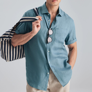 <span class=keywords><strong>Camicia</strong></span> da <span class=keywords><strong>uomo</strong></span> personalizzata <span class=keywords><strong>100</strong></span>% <span class=keywords><strong>lino</strong></span> a maniche corte, casual, leggera, tinta in filo, primaverile, antipiega, con bottoni e taschino - Product Image 3