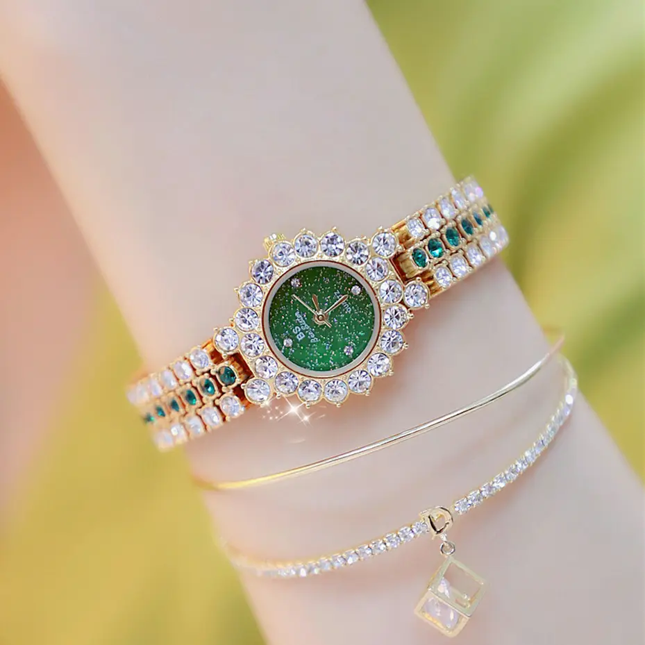 Waterproof BS Iced Women Watch For Ladies Luxury Brand Bling Rhinestone Green Silver Blue Bracelet Wrist Watch BS1580