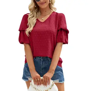 Summer New Design Casual Ladies Puff Sleeve V-neck Fashionable Shirts Swiss Dot Blouse Women Tops