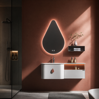 Mueble de Baño Flotante de Diseño con Espejo LED en Forma de Gota de Agua, Antivaho y Gabinete de Almacenamiento que Ahorra Espacio