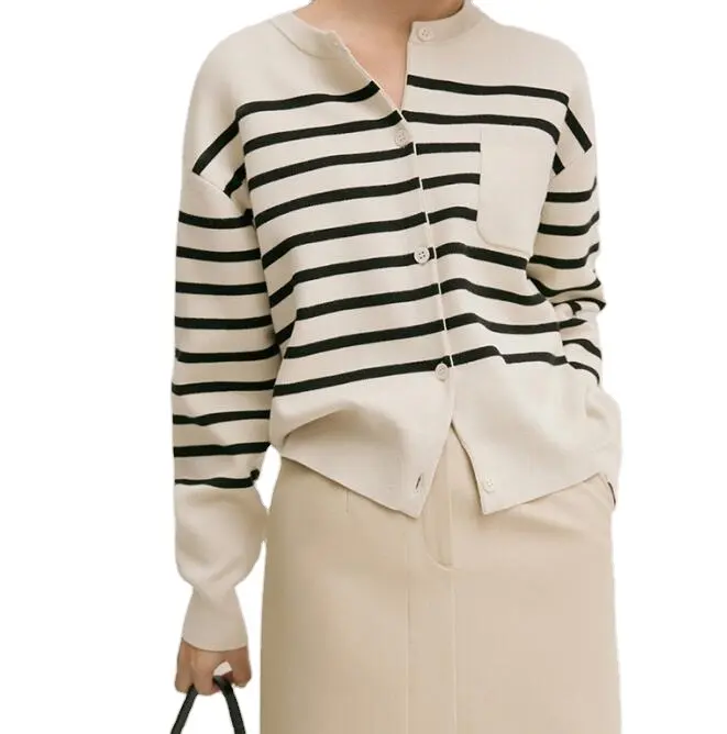 Custom factory ladies black white striped knitting pattern cardigan tascabile abbottonato donna cardigan maglione