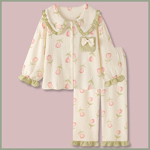 Pigiama da donna in garza di cotone stampata con colletto a bambola, dolce abbigliamento primaverile per la casa - Product Image 1