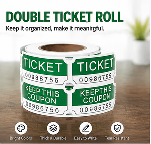 Rollo de billetes dobles de 2x2 pulgadas, numerados consecutivamente, perforados y fáciles de rasgar para sorteos. - Product Image 1