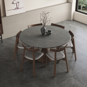 Solid Wood Slab Extendable Dining <b>Table</b> Round <b>Walnut</b> Modern Minimalist Design - Product Image 4