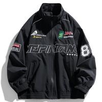 Blouson Bomber Court Noir Style Baseball pour Hommes, Motif Graphique de Course, Logo Brodé, Veste Moto, Vente en Gros