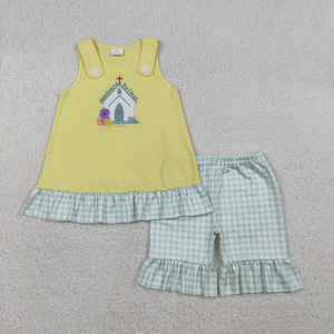 Vêtements pour enfants en gros, broderie fleurie, carreaux verts, jaune, sans manches, tenues de Pâques pour enfants - Product Image 3