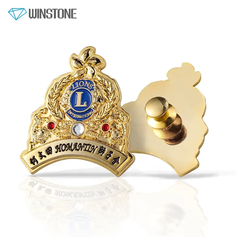 Metal Die Struck Lapel Pins with Rhinestone Custom Soft Enamel Lions Club Business Gift