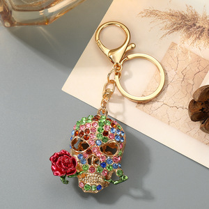Halloween Skeleton Keychain Rhinestone Rose-Biting Skeleton Pendant Alloy <b>Key</b> <b>Ring</b> Car Bag Charm Holiday Party Gift Wholesale - Product Image 4