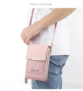 Mini tarjetero de cuero PU para mujer, bolsas de hombro con doble cremallera, con pantalla táctil para teléfono móvil, venta al por mayor
