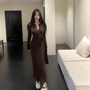 Tie Up Shawl Dress For Women V Neck Solid Color Bodycon Long Skirt Natural Waist Coffee Gray Wrap And Tie Style - Product Image 2