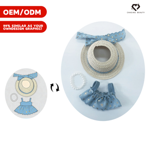 Set Personalizzabile di Vestiti per Orsacchiotto con Cappello di Paglia Blu <span class=keywords><strong>e</strong></span> Salopette in Diverse Taglie - Product Image 1