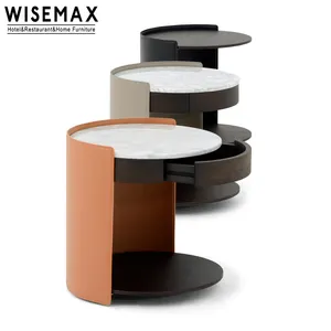 WISEMAX फर्नीचर लक्जरी काठी चमड़े कॉफी टेबल दौर आकार आधुनिक संगमरमर शीर्ष धातु दराज के साथ सोफे साइड टेबल रात खड़े