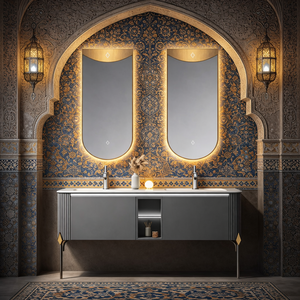 <span class=keywords><strong>Mobile</strong></span> da <span class=keywords><strong>Bagno</strong></span> Moderno con Specchio, Design a Due Ante, Gambe Robuste per Stabilità, Eleganti Accenti Dorati, Salvaspazio - Product Image 1