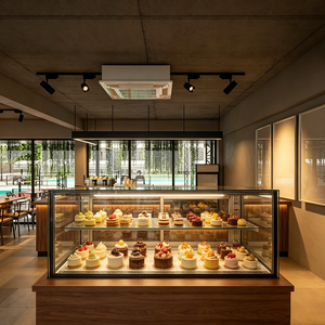 Una cafetería de estilo industrial, con una acogedora barra de madera y una vitrina en la que se exponen apetitosos pasteles. - Product Image 4