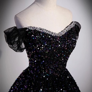 Off The Shoulder Evening Gown Women Black Sequined Sparkly Dress Wedding Hostess Vocal Performance Costume - Product Image 4