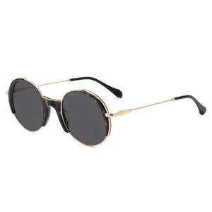 Luxo Polarizado Acetato Redondo Óculos de Sol Logotipo Personalizado Eyewear Vintage Metal Pernas Shades Óculos de Sol UV400 lunette de sol