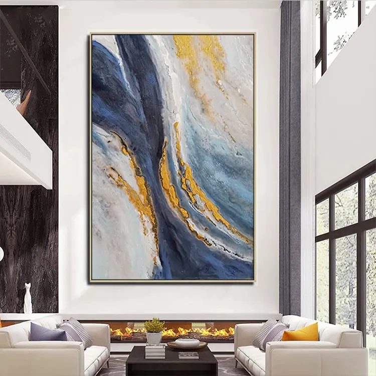 Enmarcado gran decoración del hogar azul océano fluido acrílico pintura al óleo moderna sobre lienzo arte de pared abstracto hecho a mano