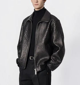 Giacca Bomber Corta in <span class=keywords><strong>Pelle</strong></span> Intrecciata per Uomo, Collo Alto Personalizzato, Zip Integrale, <span class=keywords><strong>Cappotto</strong></span> Casual in Vera <span class=keywords><strong>Pelle</strong></span> - Product Image 1