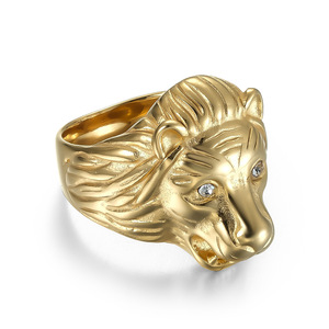 Lion Head <b>Titanium</b> Steel Men's <b>Ring</b> Gold Color Prong Setting Gift Jewelry - Product Image 1
