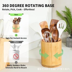 Caja giratoria de madera para cubiertos, organizador de cocina redondo de bambú, Lazy Susan, soporte multiusos para utensilios de cocina. - Product Image 4