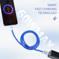 Kabel Silikon Lembut USB ke Tipe C PD66W dengan Lampu Biru, Kabel Transfer Data 480mpb, Pengisian Daya Super Cepat untuk Laptop Huawei Samsung