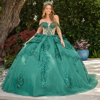Robe de bal sans bretelles, épaules dénudées, illusion verte, appliqués floraux, robe de bal Quinceanera NYA00130