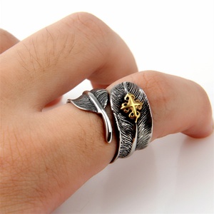 Vintage Retro Black Gold Plated Feather Leaf <b>Open</b> Stainless Steel Adjustable <b>Ring</b> for Women Men - Product Image 4