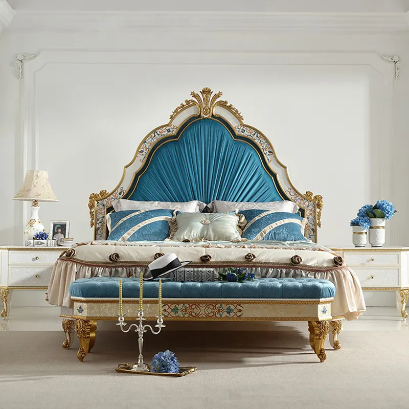 King Size Mobiliário Clássico Conjunto De Quarto Mãe de Pérola Cama De Folha De Ouro De Madeira Sólida De Luxo Cama Espanhola Antiga