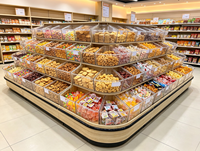 Comptoir de présentation multi-niveaux en bois grainé pour supermarché, idéal pour fruits secs, noix et bonbons en vrac
