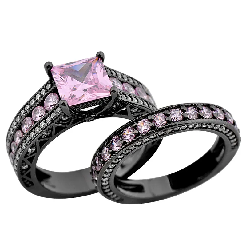 Black gold Pink stone Princess Cut Engagement Ring Set