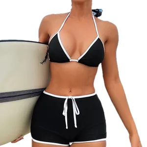 Bra Solid Color High Cut Women's Sexy Swimswer Bikini 2 Piece Set Bra Pantie Seductive Women's Split Swimsuit Set Beach Vacation