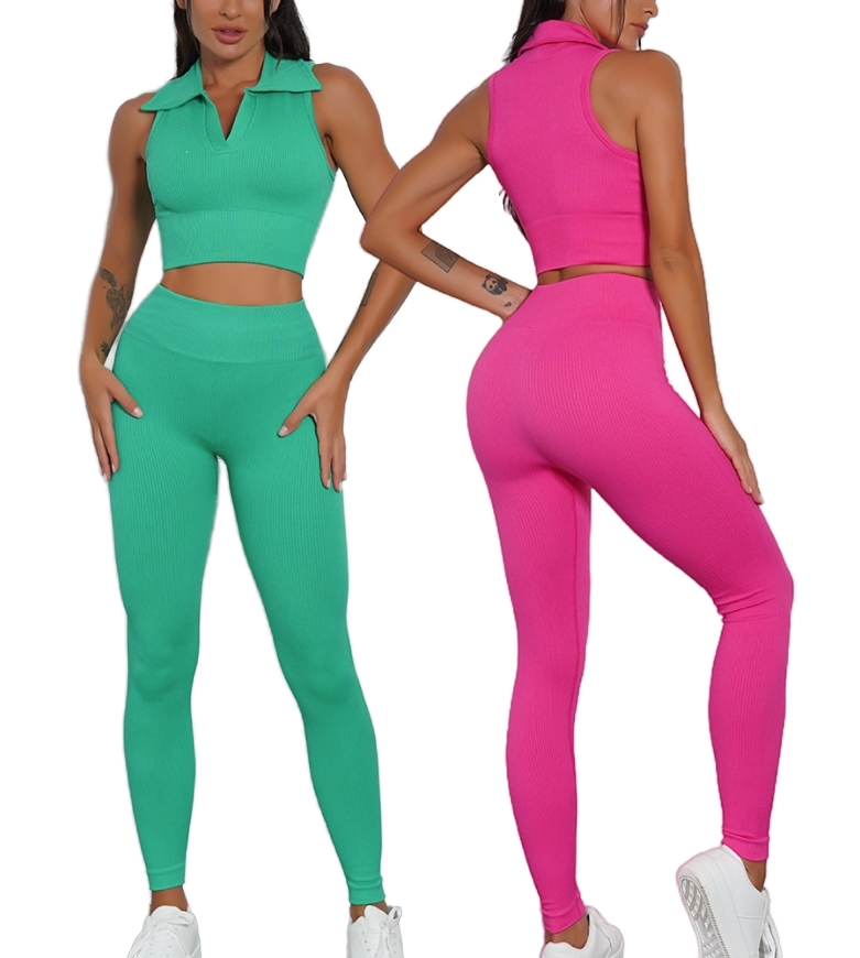 Women's Quick-Drying Yoga Wear Set Breathable Solid Pattern Seamless Sports Bra Vest Leggings for Gym Front Elastic Waist