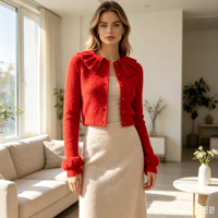 Pull tricoté décontracté à manches longues Lolly Undefined, col à volants personnalisé, couleur rouge chaud de haute qualité, OEM & ODM, pour l'hiver