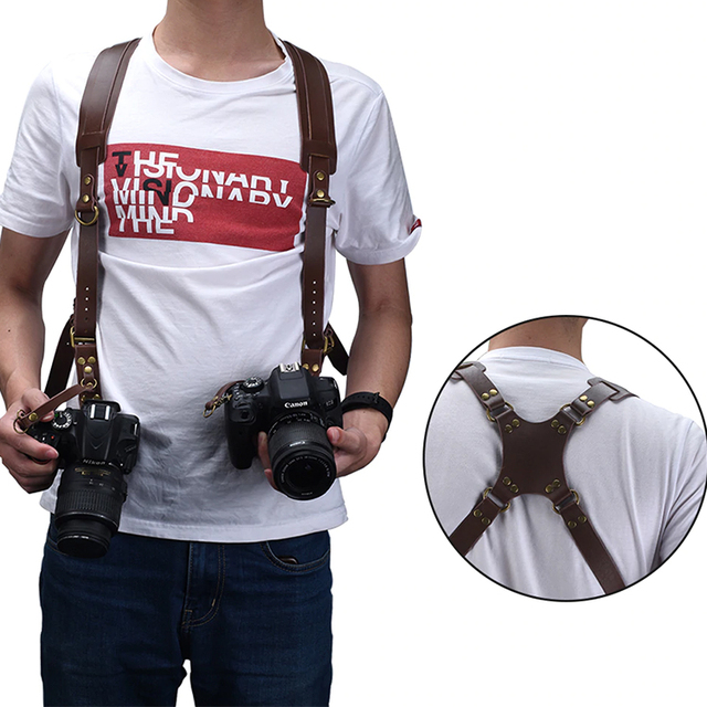 2023 Hot Sale Custom Adjustable Quick Release Men Dual Shoulder Harness Neck Leather Camera Strap Digital Camera Belt