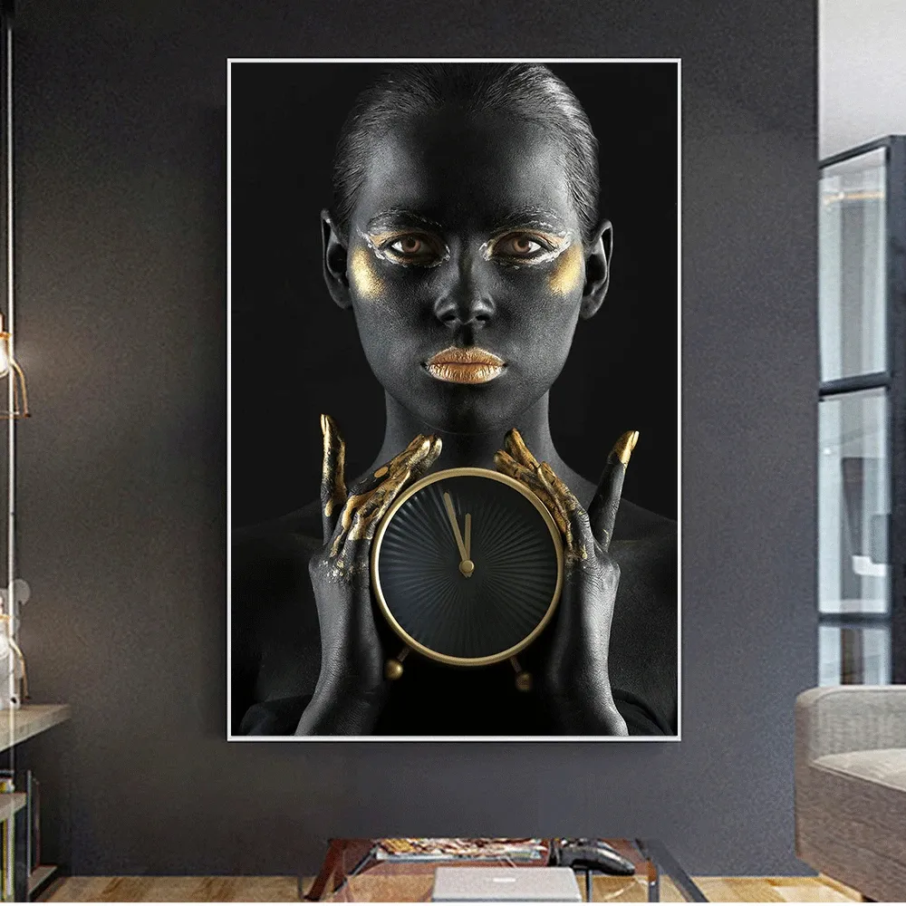 Custom wall clock Black African woman abstract poster print home decoration wall picture