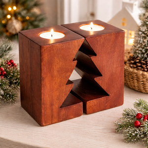 Christmas Tree Cut Square Wooden Double Tea Light <b>Candle</b> Holder-Home & Decorative Use for Christmas Easter Parties <b>Winter</b> Decor - Product Image 1