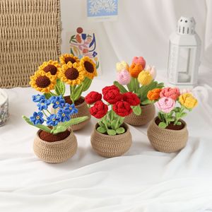 Fatto a mano grande uncinetto filato di lana fatto a mano positivo uncinetto <span class=keywords><strong>girasole</strong></span> rosa tulipano Dimentica Me non in vaso fiore regalo per la festa della mamma - Product Image 3