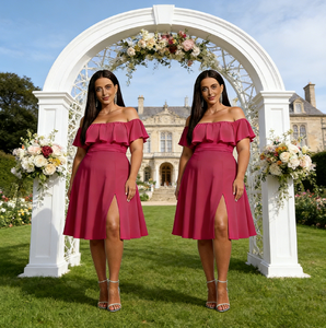 <span class=keywords><strong>Vestido</strong></span> de <span class=keywords><strong>Dama</strong></span> de Honor Talla Grande, <span class=keywords><strong>Color</strong></span> <span class=keywords><strong>Magenta</strong></span>, Hombros Descubiertos, Largo hasta la Rodilla, de Chifón, Formal - Product Image 5