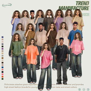 Venta caliente 100% algodón Retro lavado Camiseta de manga corta cuello de gran tamaño hombres/mujeres marca 270g patrón sólido de punto - Product Image 3