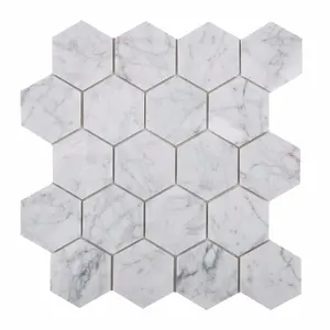 Centurymosaic 3" Polished Carrara White Marble Hexagon Floor Mosaic Tile