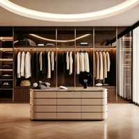 Système de dressing central incurvé en bois avec éclairage LED, armoire de rangement sur mesure pour chambre de villa en immeuble de grande hauteur
